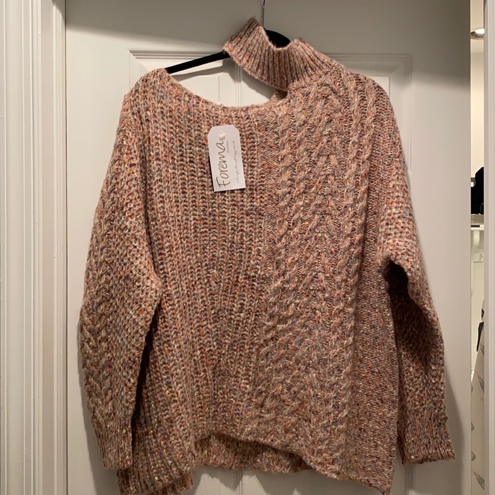 Multicolored (mostly rose/pink) one shouldered mocked turtleneck